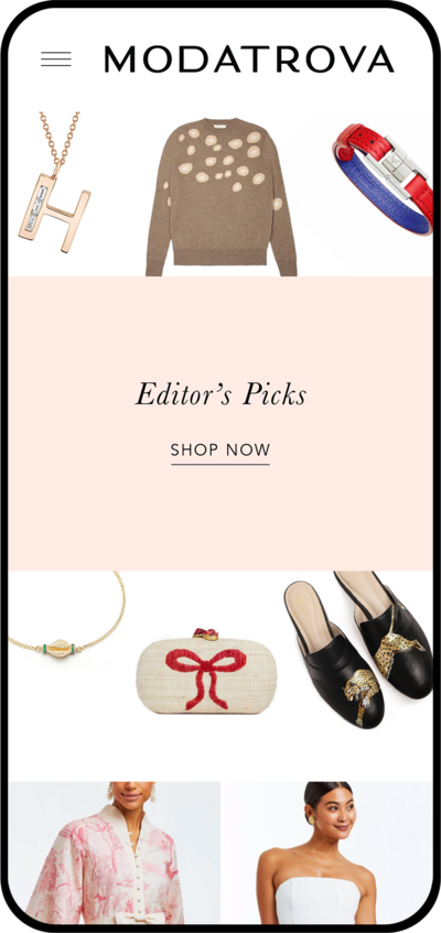 iPhone mockup of Modatrova Editor's Picks, including jewelry, slides, ribbon clutch and sweater