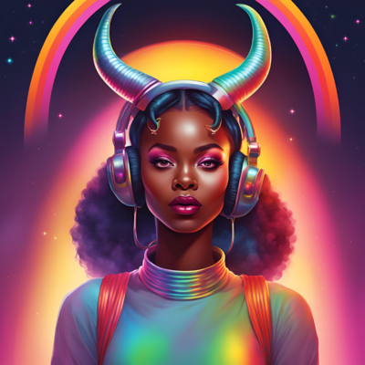 Strong woman with horns radiates light 