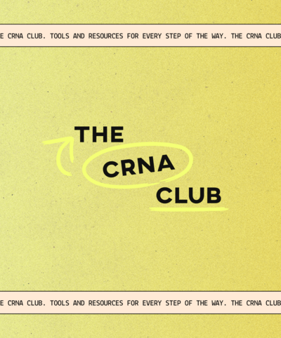 CRNA Club logo mark on top of a yellow gradient texture background with tagline banners