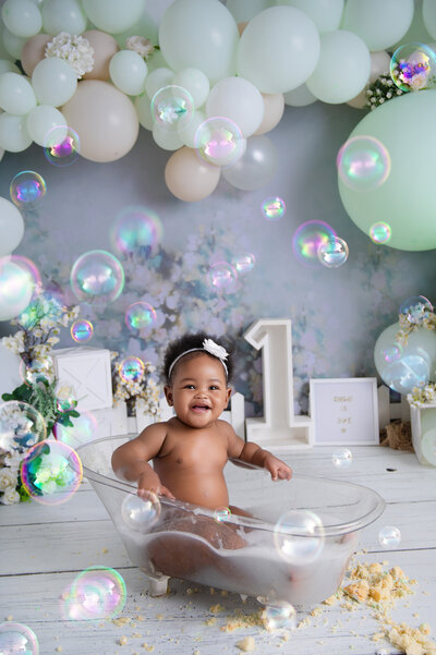 pink and white floral cake smash 