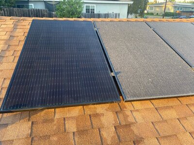 Before and after image of solar panels covered in dust and debris, followed by a thorough cleaning by Solar Shine SD to restore peak performance and efficiency.