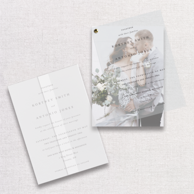 invitations with a blank vellum wrap lays beside a invitation with a printed couple kissing with a vellum overlay with invitation wording printed on top
