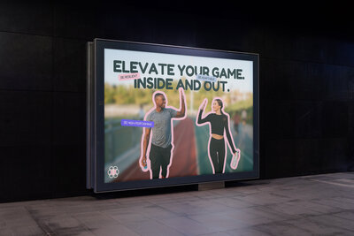 Mockup of the billboard for the brand MimSportLab that says "Elevate your game. Inside and out."