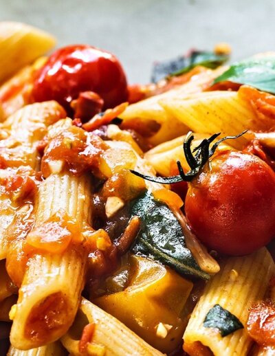 Gluten-free penne with basil cherry tomato sauce recipe from 7-day healthy eating plan - Eat Your Nutrition