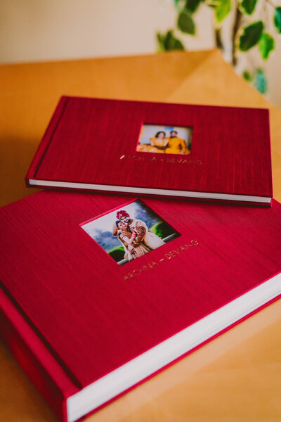 Linen red silk wedding albums