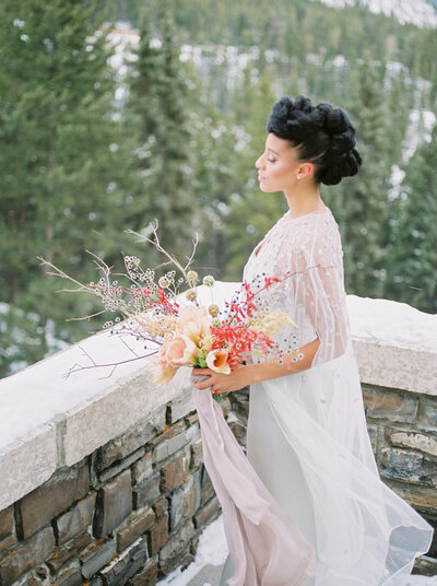 Early winter bridal inspiration in Banff captured by Pam Kriangkum Photography, fine art, classic wedding photographer in Edmonton, Alberta. Featured on the Bronte Bride Blog.
