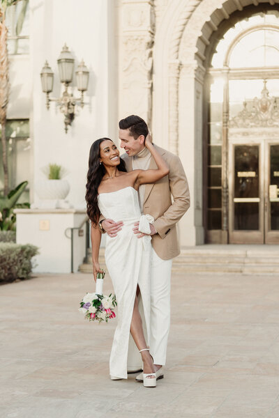 bride and groom formal romantic wedding portrait at Spanish Hills Country Club during golden hour taken by Los Angeles Wedding Photographer Magnolia West Photogr