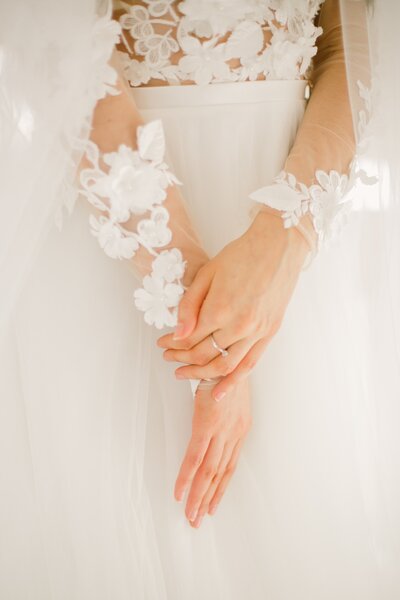 Detailed portrait of 3d flower wedding dress sleeves