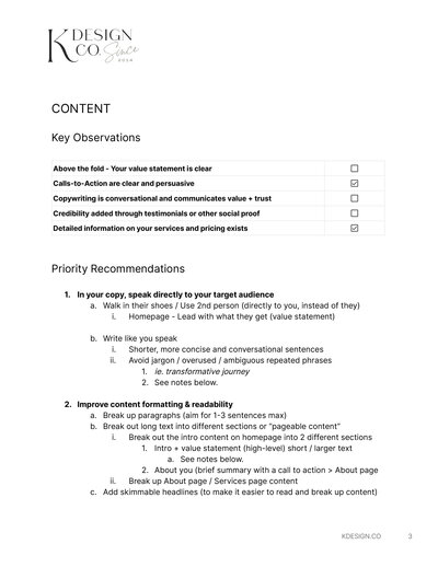 content observations on a website part of the website audit report