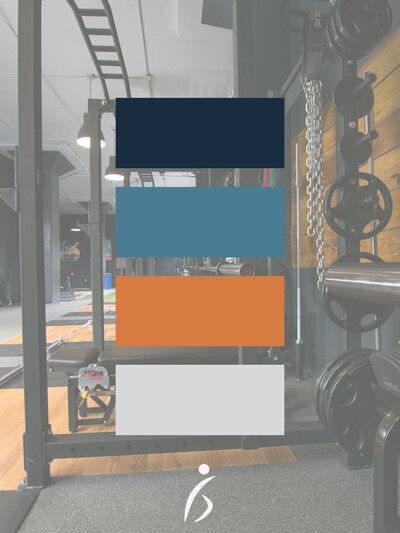 Branded color swatches for Darwin Ruiz shown over gym equipment: Performance Navy, Recovery Blue, Mobility Copper, and Stability Gray.