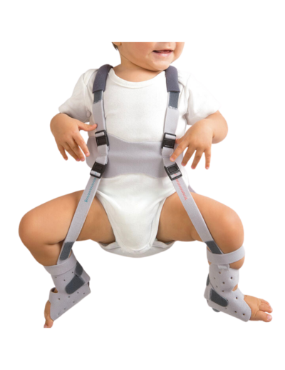 A baby wearing a Pavlik Harness, a device used to treat developmental dysplasia of the hip and congenital hip dislocation.