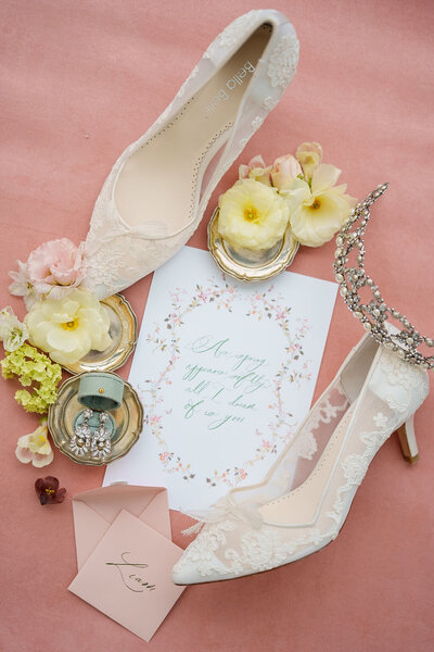 wedding shoes and invitation flatlay taken by Temecula wedding photographer