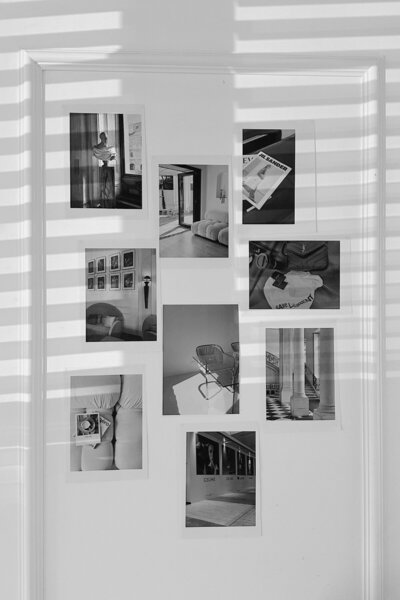 A black-and-white collage of serene and inspiring images, featuring soft interiors, books, and minimalistic decor, representing Angelica Ray's journey of spiritual reflection and mindful living.