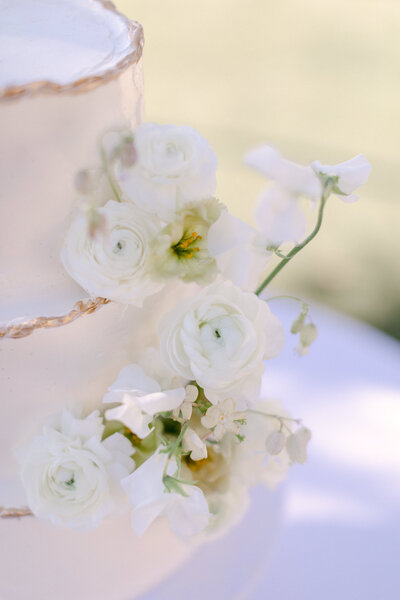 Close up of intricate floral details on wedding cake