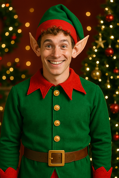 Festive Christmas elf in a green and red costume, smiling in front of a decorated tree with twinkling lights – perfect for holiday party fun and seasonal cheer.
