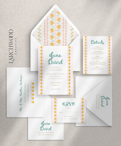 The Clementine 5-piece semi-custom wedding invitations suite — a cheerful vintage boho design in pink, orange, and teal with a playful script font.