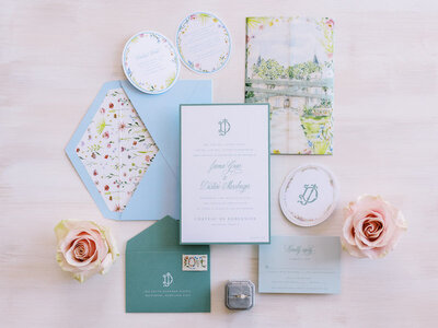 Light and airy wedding invitation suite with custom calligraphy