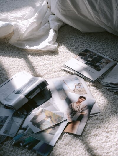Sunlit bedroom floor with soft white carpet, scattered fashion magazines and photographs next to a crumpled white duvet