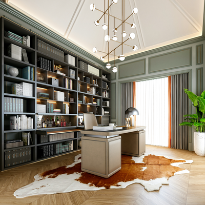 office space with cow hide rug, large bookshelves, and modern chandelier
