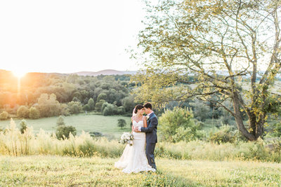 Newly married couple embracing on a hill at Blue Valley Vineyard.