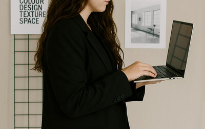 Womanusing a laptop in a website design studio
