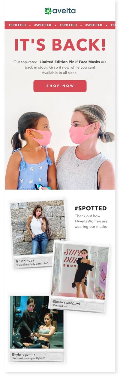 eDM Design for Health and Wellness Apparel Brand by Digital Marketer in Hong Kong, Kyra Janelle for Aveita Limited Promoting Reusable Face Masks.