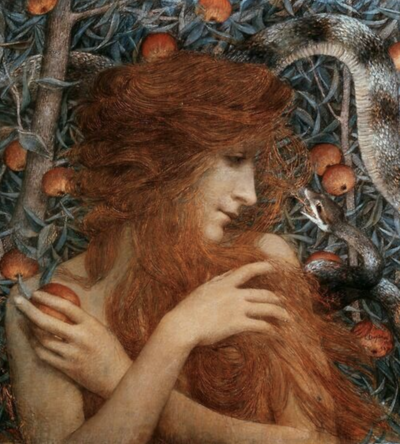 A painting of a woman with red hair entwined with a serpent in a dark forest setting.