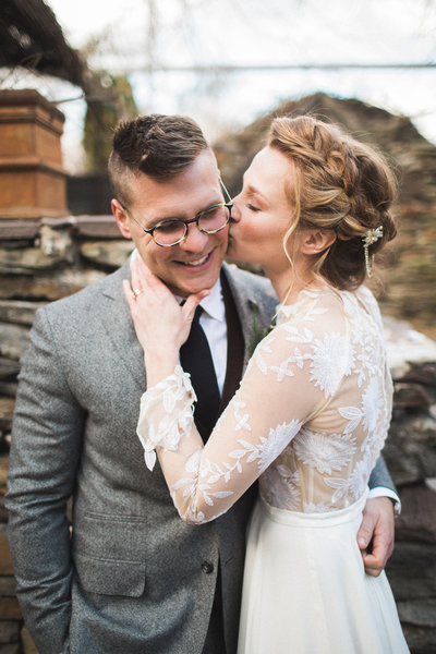 Bridal couple embrace at the Gables at Chadds Ford wedding venue