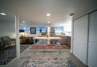 Kitchen with fun accent rugs and cozy feel