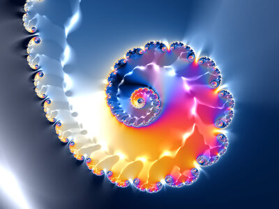 A spiral fractal in radiant shades of orange, pink, blue and black.