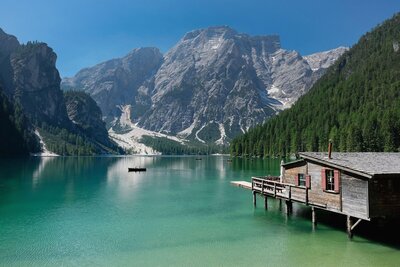 Mountain lake and cabin