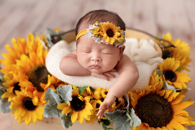 Newborn baby girl posed in a sunflower-themed setup, resting her head on her arms and wearing a sunflower headband surrounded by bright yellow sunflowers.