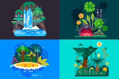 Four Settings Top Left: waterfall Top Right: Stylized garden Bottom Left: beach Bottom Right: Forest in a soft geometric illustration style