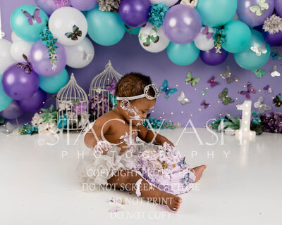 purple teal butterfly balloon cake smash backdrop-stacey-ash-photography (1)