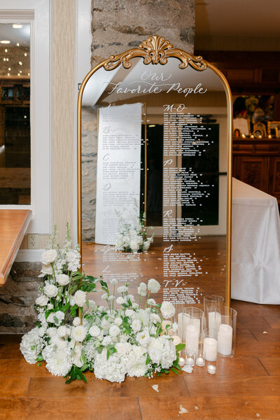 Hand lettered gold mirror seating chart for Connecticut wedding at Saint Clements Castle