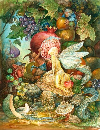 Texture drawing of pomegranate and fruit plants