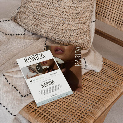 Karina Canva branding kit and Showit website template for wellness coaches, shown in a natural woven mockup with logo, color palette, and modern editorial design elements.