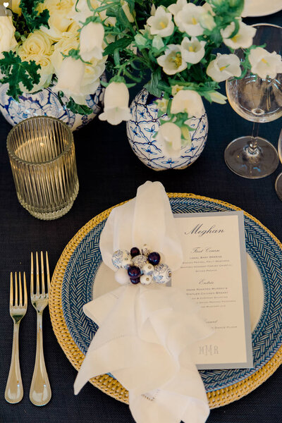 blue and white tablesetting at Castle Hill Inn wedding