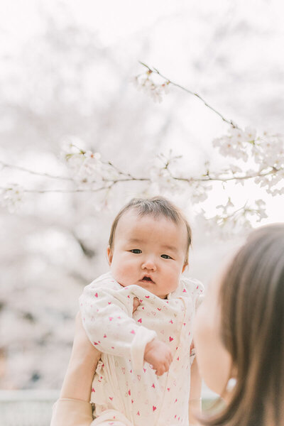 A baby girl wearing her heart clothes is looking at the camera in front of sakura trees in full bloom. Taken at Kawasaki in Japan, close to Tokyo by Yukika Ishikawa Photography