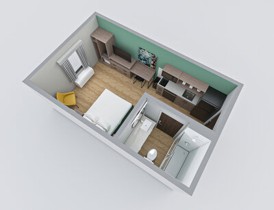 Bird's eye view of 3D Rendering of Echo Suites by Wyndham single queen hotel guest room