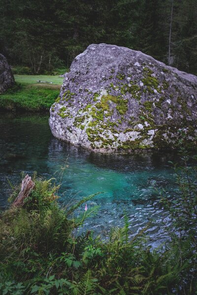 Blue water next to mossy rock