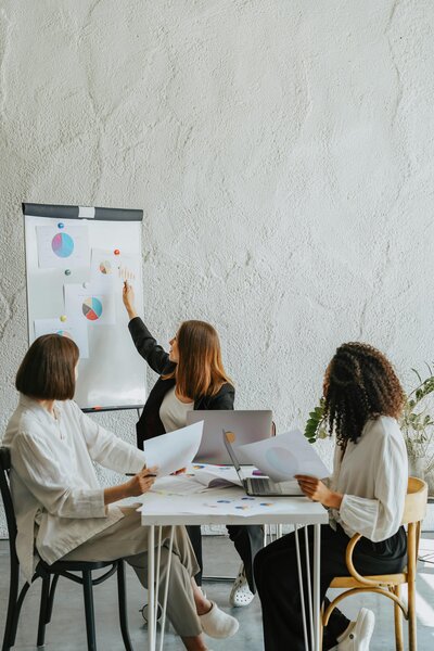 Professional career coaching session for women in a conference room setting, featuring class graphics on the screen. A coach and participants engage in a focused discussion, highlighting a supportive environment for women’s professional growth and leadership development.