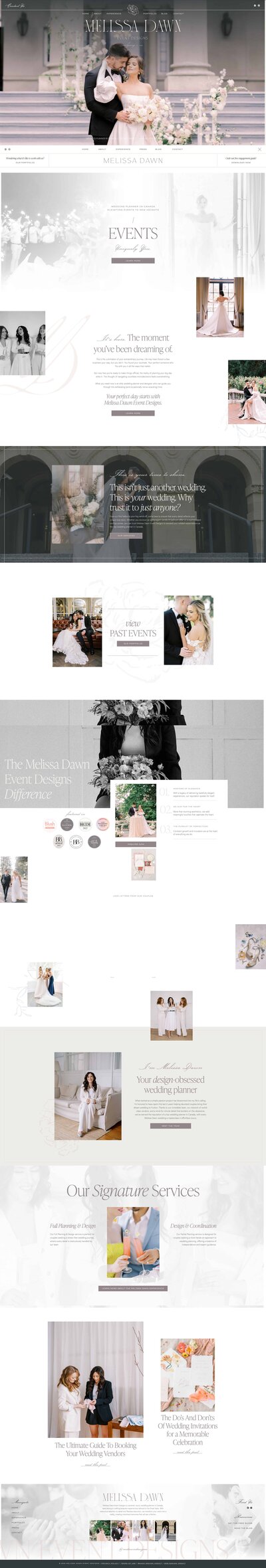 A website layout featuring wedding photography, event details, signature services, and contact information at Sheldon Lawn. The design includes various images of couples and wedding-related scenes, perfect for a luxury wedding planner website utilizing Showit web design techniques.