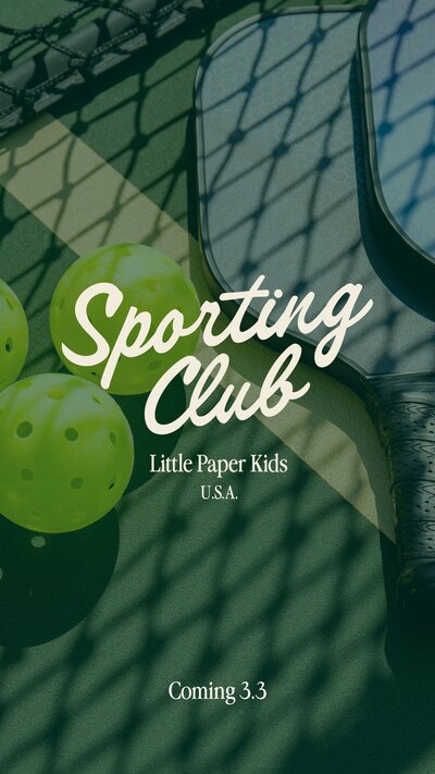 Sporting Club cream logo on top of a photo of pickleball paddles and balls with a green overlay