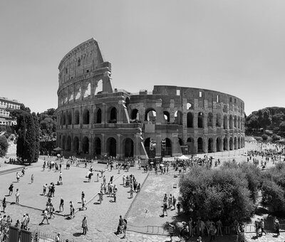 black and white image of the Colosseum in Rome, Italy