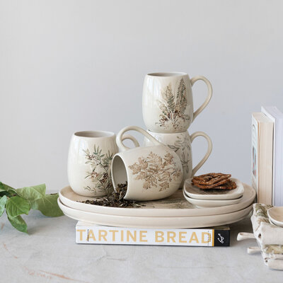 Debossed botanical stoneware pottery rustic farmhouse decor