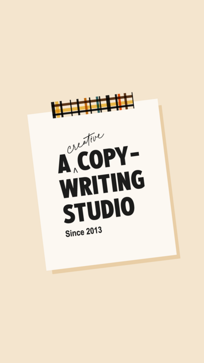 Quotable Copy tagline logo on a white square with plaid tape on a cream background