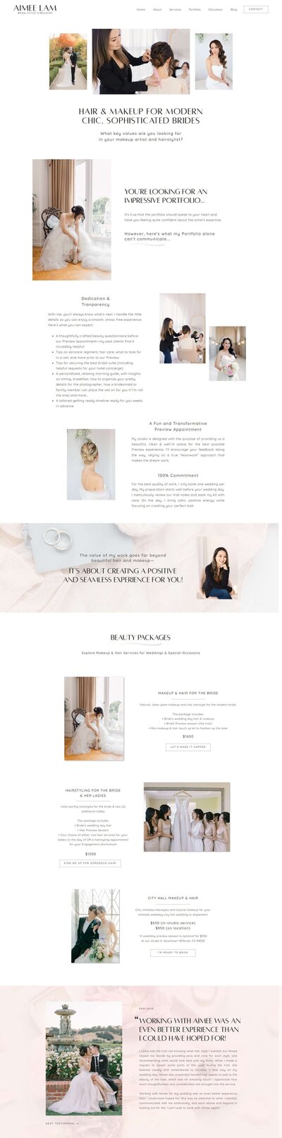 Website services page for wedding hair and makeup artist Aimee Lam