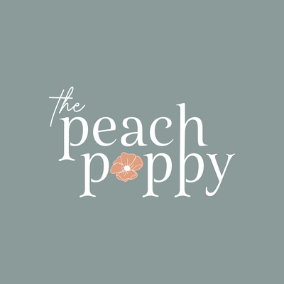 The Peach Poppy branding shown in white and peach with a blue background.