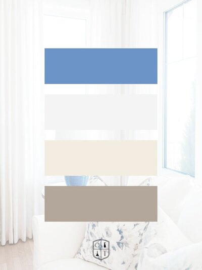 Four swatches—dusty blue, soft white, cream, and warm taupe—overlay a light and airy living room scene, representing the Classy Touch brand’s soothing, clean aesthetic.